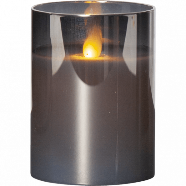 LED Vaska svece glāzē M-TWINKLE dūmakaina, ar liesmas efektu, 10cm, IP20, 2xAA, ar taimeri