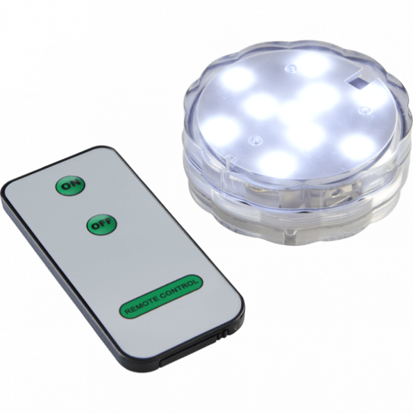 LED svece ūdensizturīga Star Trading Water Candle Puck, ar pulti, 7cm, IP65, 4xAAA, WW