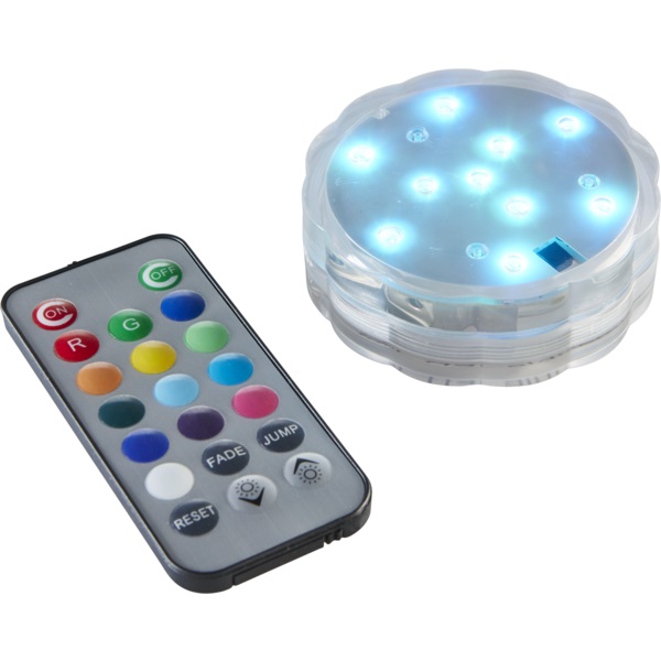 LED svece ūdensizturīga Star Trading Water Candle Puck, ar pulti, 7cm, IP65, 4xAAA, RGB