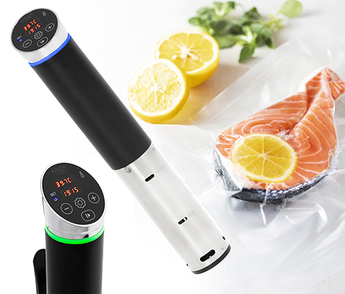 Salmon fillets in a vacuum package. Sous-vide, new technology cuisine. Banner.