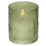 LED svece ar stikla kupolu Star Trading LED Pillar Candle Flamme Leaf, 10cm, 2xAA, ar taimeri