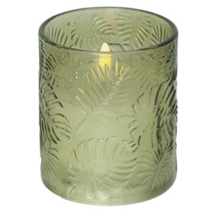 LED svece ar stikla kupolu Star Trading LED Pillar Candle Flamme Leaf, 10cm, 2xAA, ar taimeri